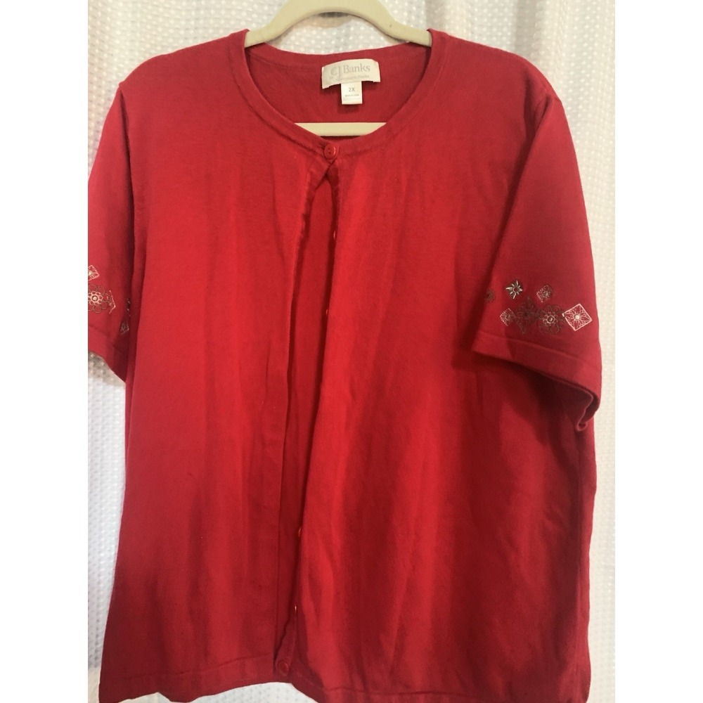 CJ Banks Women 2x Red Button Up Short Sleeved Embroidered Sleeve Cardigan Granny - Picture 2 of 9